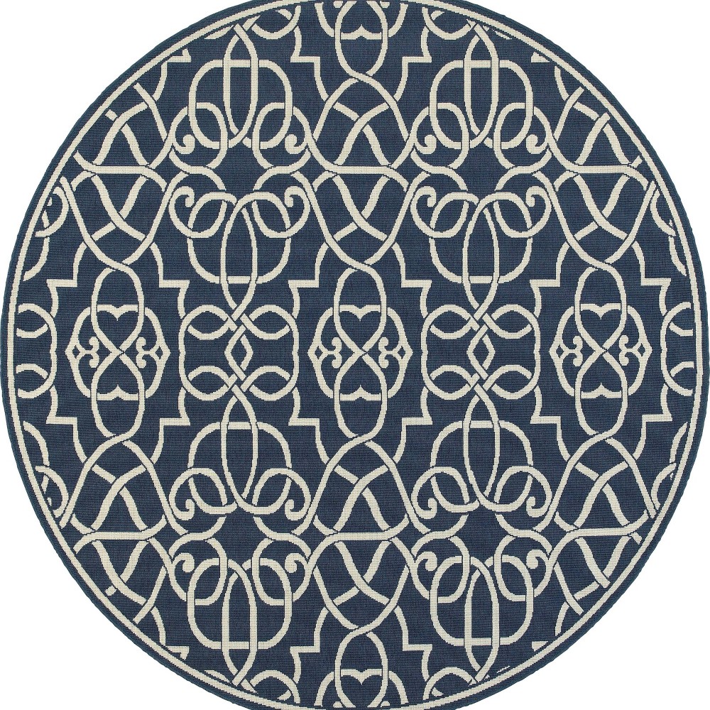 Photos - Area Rug 7'10" Round Marco Scroll Lattice Patio Rug Navy/Ivory - Captiv8e Designs