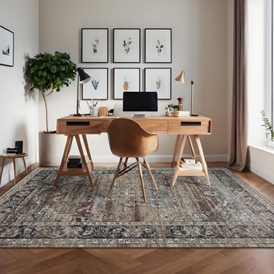 Machien Washable Area Rugs Vintage Printed Accent Carpet Non Slip Low Pile Indoor Mat Oriental Distressed Throw Rugs for Bedroom