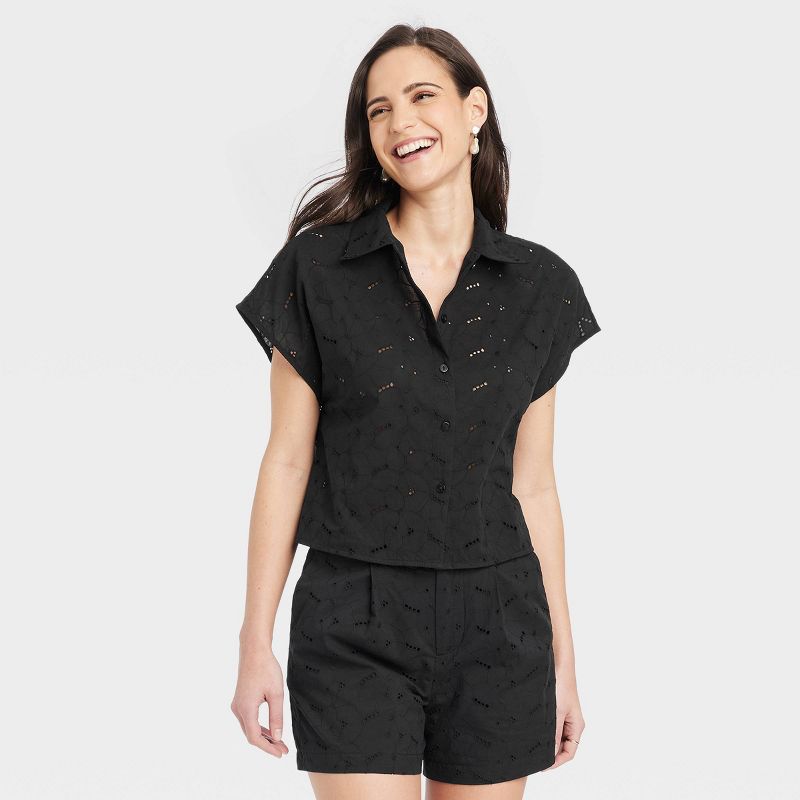 Women's Short Sleeve Eyelet Camp T-Shirt - A New Day™, 1 of 11