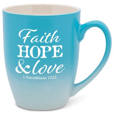 Elanze Designs Faith, Hope & Love 1 Corinthians 13:13 Two Toned Ombre Matte Pale Blue and White 12 ounce Ceramic Stoneware Coffee Cup Mug