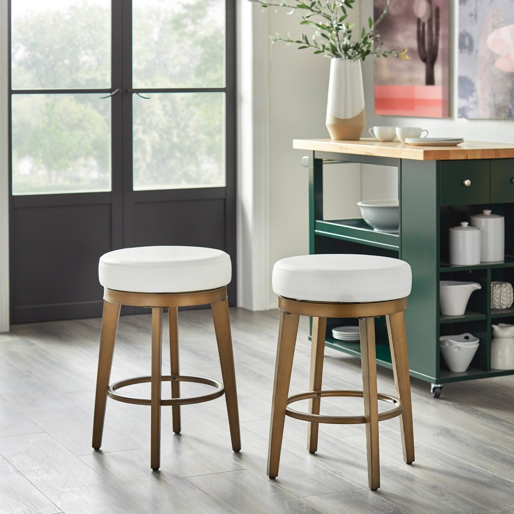 angelo:HOME Set of 2 Linden 24.5" Swivel Counter Height Barstools White/Gold: Bonded Leather, Metal Frame, Armless Design