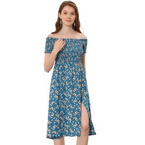 Allegra K Women's Off-Shoulder Summer Smocked Short Sleeve Split Midi Floral Dress - 1 of 4