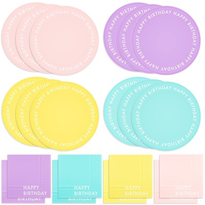 DYLIVeS Colorful Birthday Party Plates and Napkins Set, Macaron Color Purple Blue Pink Yellow Pastel Disposable Paper Tableware Rainbow Decorations