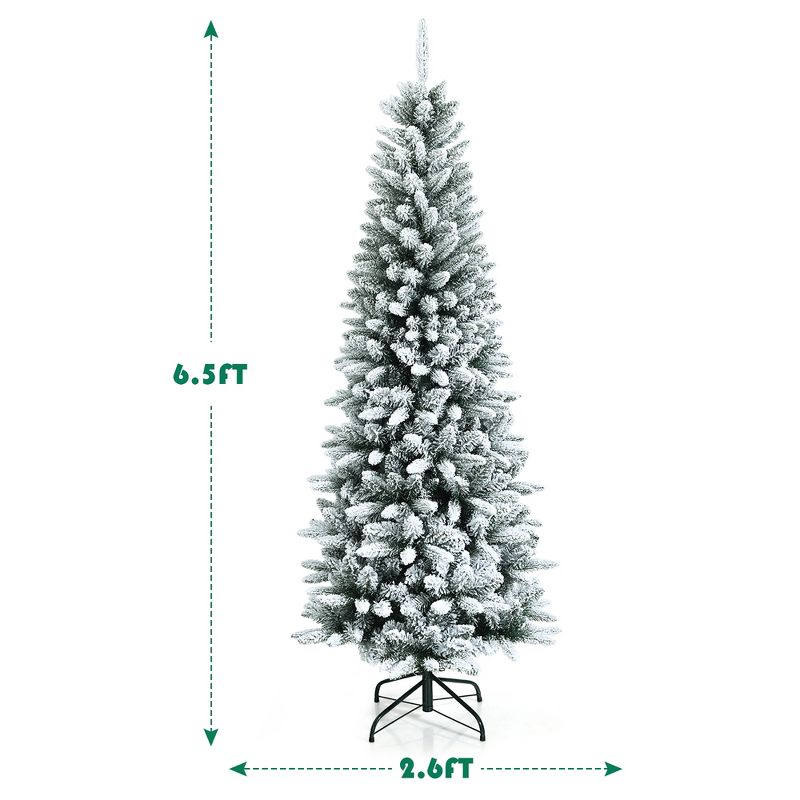 6.5ft Snow-Flocked Hinged Artificial Christmas Pencil Tree w/ 829 Mixed Tips, 4 of 15