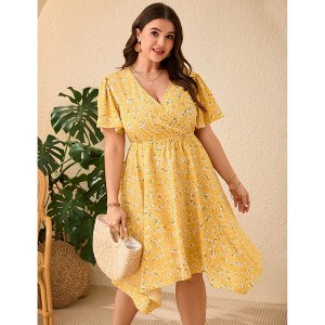 YESFASHION Plus Size Women Wrap V Neck Midi Dress Short Sleeves High Waist Irregular Hem Casual Summer Dress - 1 of 4