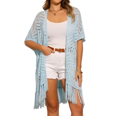 INSPIRE CHIC Women's Boho Open Front Short Sleeve Lightweight Fringe Beach Knit Cardigans