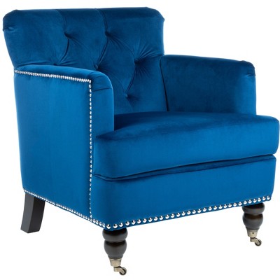 Navy Velvet Tufted Arm Chair with Espresso Wood Legs