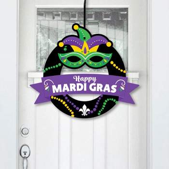 Big Dot of Happiness Colorful Mardi Gras Mask - Outdoor Masquerade Party Decor - Front Door Wreath