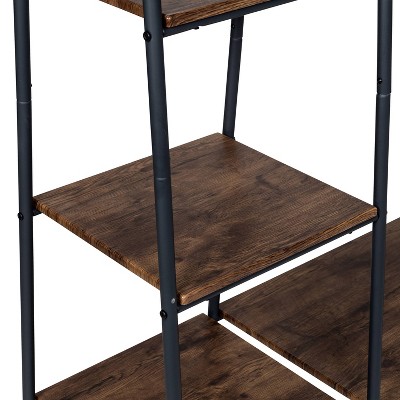 Black Industrial Garment Rack with Medium Wood Shelves