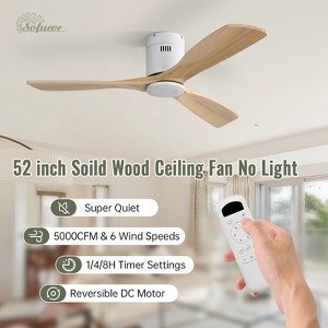 Sofucor 52'' Ceiling Fan Without Lights Modern Flush Mount Ceiling Fan No Light with Remote Control 3 Wood Blades for Bedroom/Farmhouse/Patio/Indoor - 1 of 4