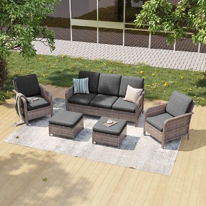 Sonkuki 5 Pieces Patio Sofa with Ottomans Set, All-Weather PE Rattan Wicker, Patio Conversation Couch with Cushion - 1 of 4