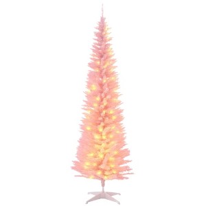 6ft Pencil Christmas Tree, Slim Artificial Christmas Tree with Realistic Branches and Warm White LED Lights - 1 of 4