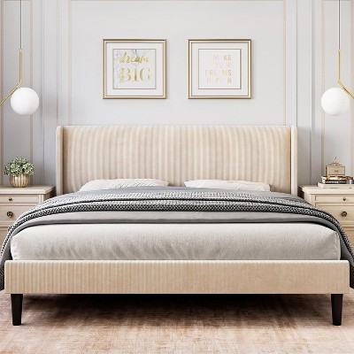 TackView Bed Frame with Upholstered Headboard,Wooden Platform Bed Frame with 2 Storage Pockets,Vertical Channel Tufted Wingback