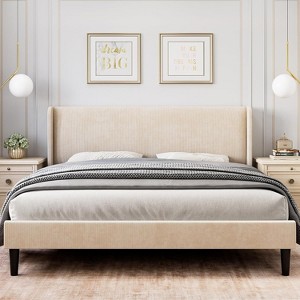 TackView Bed Frame with Upholstered Headboard,Wooden Platform Bed Frame with 2 Storage Pockets,Vertical Channel Tufted Wingback - 1 of 4