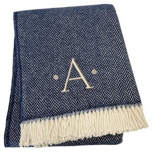 HomeRoots 55" X 70" Navy Blue And White Herringbone Cotton Blend A Initial Throw Blanket with Tassels And Embroidery - 1 of 4