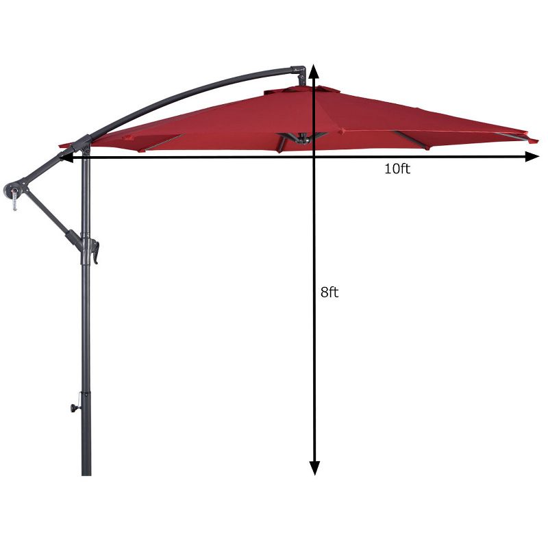 Costway 10' Hanging Umbrella Patio Sun Shade Offset Outdoor Market W/t Cross Base Burgundy, 3 of 10