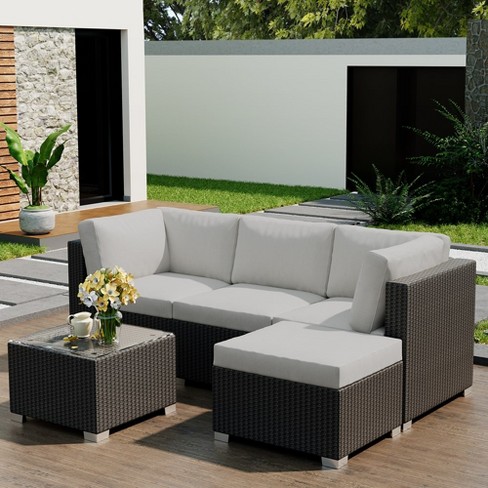 Whizmax 5 Piece Outdoor Patio Rattan Wicker Sofa Set PE Rattan Conversation Sectional with Thickened Back Cushion Glass Tabletop Ottoman for Yard