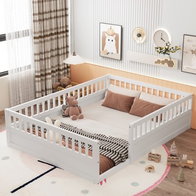High Guardrails Enhanced Safety Design Floor Bed,Low Ground Design Platform Beds,Natural Solid Pine Wood Full Bed-Cuddlewood