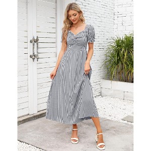YesFashion Women's Summer Boho Plaid Square Neck Short Puff Sleeve Dress Elastic Smocked Summer Beach Ruffle Midi Dress - 1 of 4