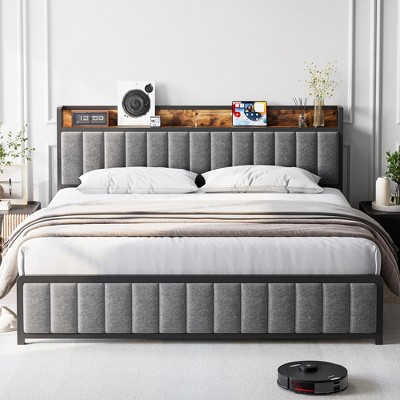 Full Size Bed Frame with Storage Headboard, Upholstered Platform Bed with USB Ports & Outlets, Strong Metal Slats Support