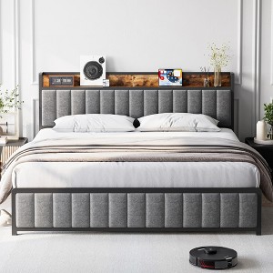 Full Size Bed Frame with Storage Headboard, Upholstered Platform Bed with USB Ports & Outlets, Strong Metal Slats Support - 1 of 4