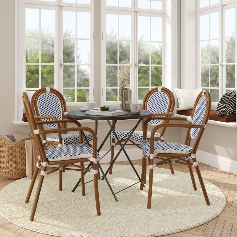 Flash Furniture 4 Pack Lourdes Indoor/Outdoor Commercial Thonet French Bistro Stacking Chair with Arms, PE Rattan and Aluminum Frame, 2 of 15