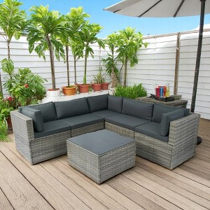 Mshliw 9-Piece Outdoor Patio Wicker Dining Set with Tempered Glass Table Top,Wicker and Cushions, Ergonomic Chairs for Garden, Courtyard, or Balcony - 1 of 4