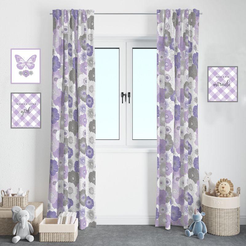 Bacati - Watercolor Floral Purple Gray Cotton Printed Single Window Curtain Panel, 2 of 5