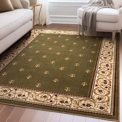 Green and Beige Synthetic Stain-Resistant Area Rug 5'3" x 7'