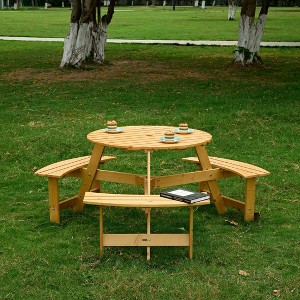Wood Picnic Table, DIY with 3 Built-in Benches, Umbrella Hole, Outside Table and Bench Set, Outdoor Round Picnic Tables - 1 of 4