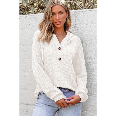 Women's Waffle Knit Sweatshirt Soft Button Front Pullover Classic Fall/Winter Essential In Neutral Tones
