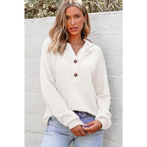 Women's Waffle Knit Sweatshirt Soft Button Front Pullover Classic Fall/Winter Essential In Neutral Tones - 1 of 4