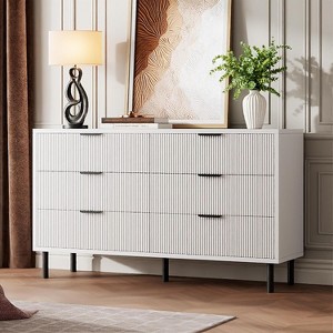 Jojoka Modern Fluted 6-Drawer Dresser, Wide Wooden Chest with Metal Handles & Legs, TV Stand & Storage Organizer for Bedroom, Living Room, Hallway - 1 of 4
