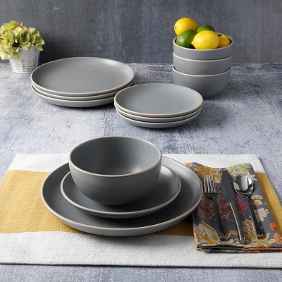 Matte Gray Ceramic 12-Piece Dinnerware Set Service for 4