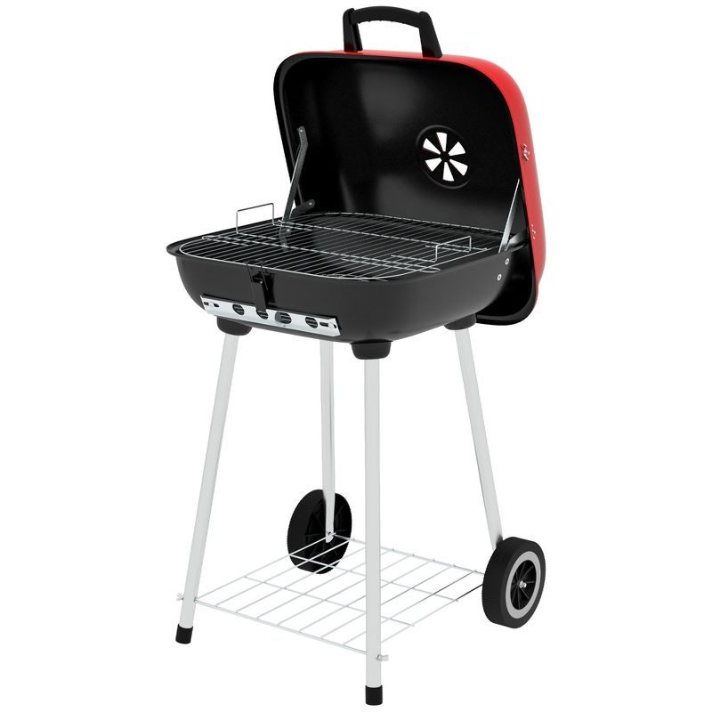 Outsunny Portable Charcoal Grill with Wheels, Bottom Shelf and Adjustable Vents for Picnic, Camping, Backyard Cooking, Red, 4 of 7