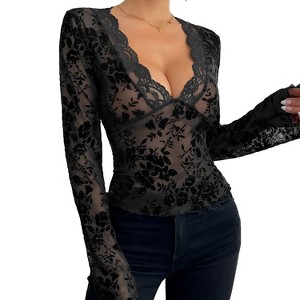 Women's Slim Long Sleeve Shirt Sheer Flora Elegant Blouse Deep V Lace Trim Casual Top - 1 of 4
