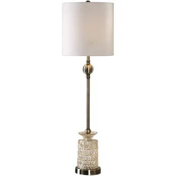Uttermost Modern Table Lamp 34" Tall Light Champagne Textured Glass White Linen Fabric Drum Shade for Living Room Bedroom House