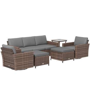 Outsunny 6 Piece Patio Furniture Set with Rattan Three-seater Sofa, Swivel Rocking Chairs, Footstools, Table, Outdoor Conversation Set