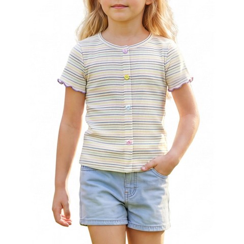 INSPIRE CHIC Girls Crew Neck Short Sleeve Tops Striped Rib Knit Lettuce Cuff Cotton Shirt Large White Purple