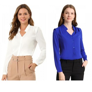 INSPIRE CHIC Women's Elegant V Neck Work Office Button Up Shirt 2 Packs - 1 of 4
