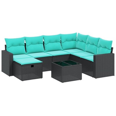 vidaXL 8 Piece Patio Sofa Set with Cushions Black Poly Rattan - Black With Table