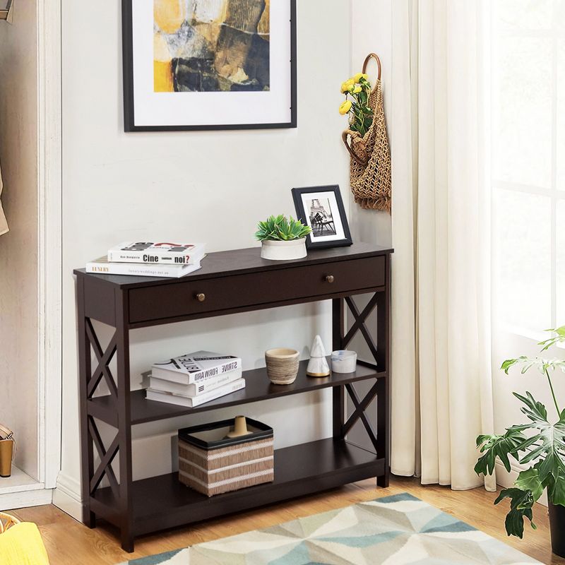 Costway 3-Tier Console Table X-Design Sofa Entryway Table with Drawer & Shelves Gray\ Espresso, 5 of 13