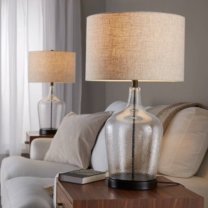LumiSource (Set of 2) Botella 28" Contemporary Table Lamps Dimpled Glass and Oil Bronze Metal with Natural Linen Shade - 1 of 4