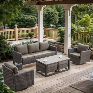 POCASSY 6 Pieces Patio Furniture Set, Steel Frame Brown Wicker Outdoor Furniture with 3-Seater Sofa Swivel Patio Chair Coffee Table and Ottoman - 1 of 4