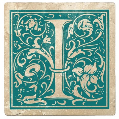 Christmas by Krebs Set of 4 Ivory and Teal Blue Alphabet "I" Square Monogram Coasters 4"