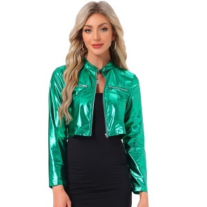 Allegra K Women's Stand Collar Metallic Zipper Cropped Party Club Long Sleeve Jackets - 1 of 4