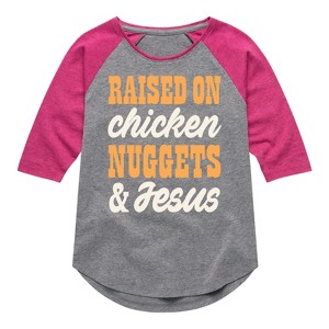 Girls' - Instant Message - Raised On Chicken Nuggets And Jesus Shirt Tail Raglan Graphic T-shirt - 1 of 4