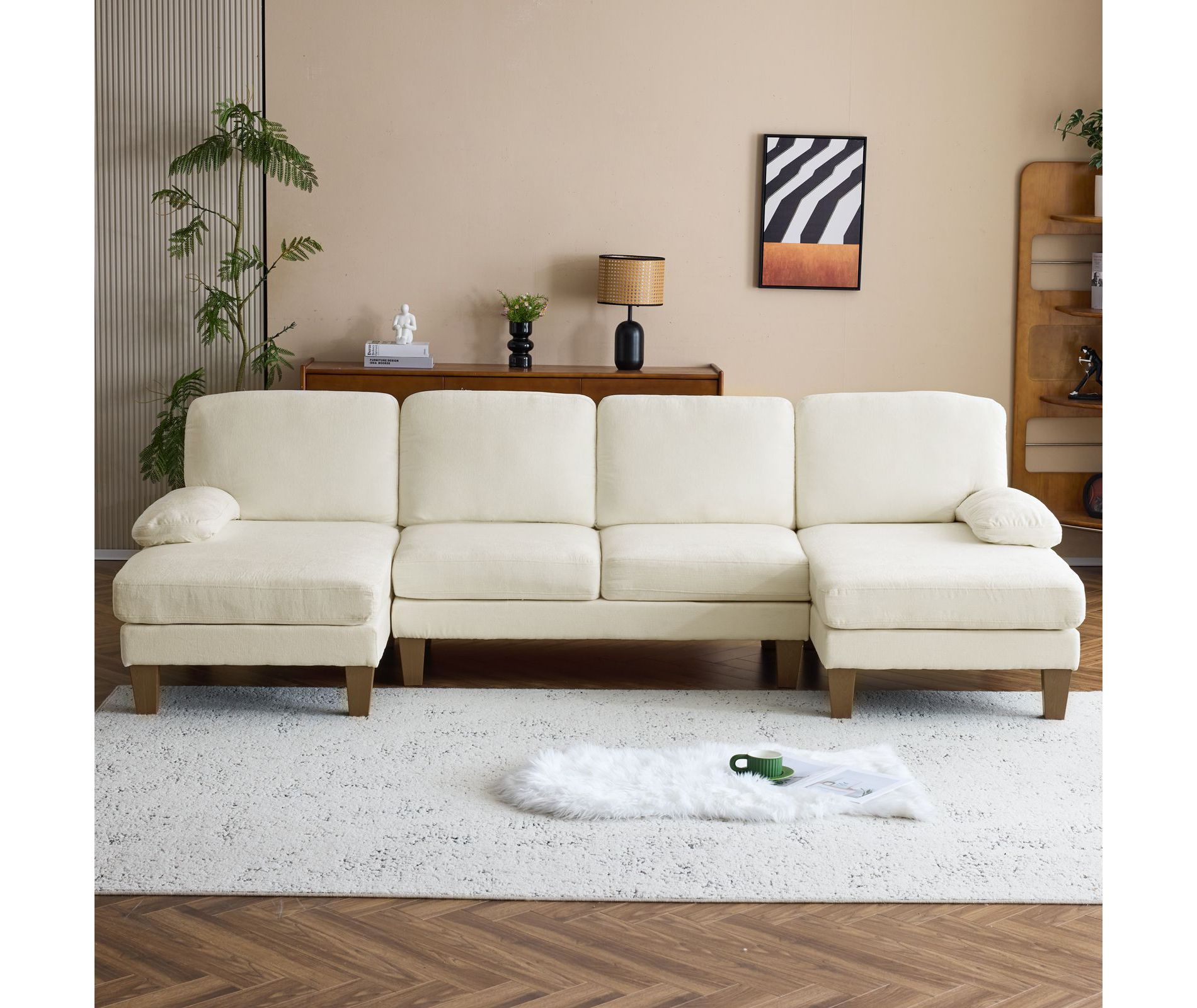 Karl Home |111.2 in. W Pillow Top Arm 3-Piece U-shaped Chenille Sectionals in Beige