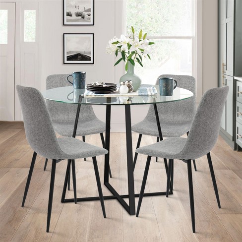 Hana Bingo 5 Piece Round Clear Glass Dining Table Set with 4 Gray Upholstered Chairs Black Legs The Pop Maison