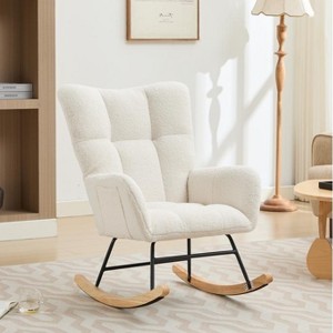 ROOMTEC Modern Upholstered Accent Rocking Chair with Side Pocket, High Backrest Rocker Glider Chair, Armchair with Solid Wood Legs - 1 of 4